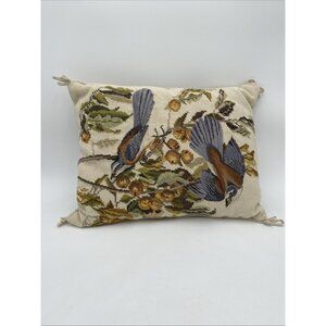 Katha Diddel Needlepoint Wool Pillow Birds Fruit Tree Blue Brown Off White 17X13